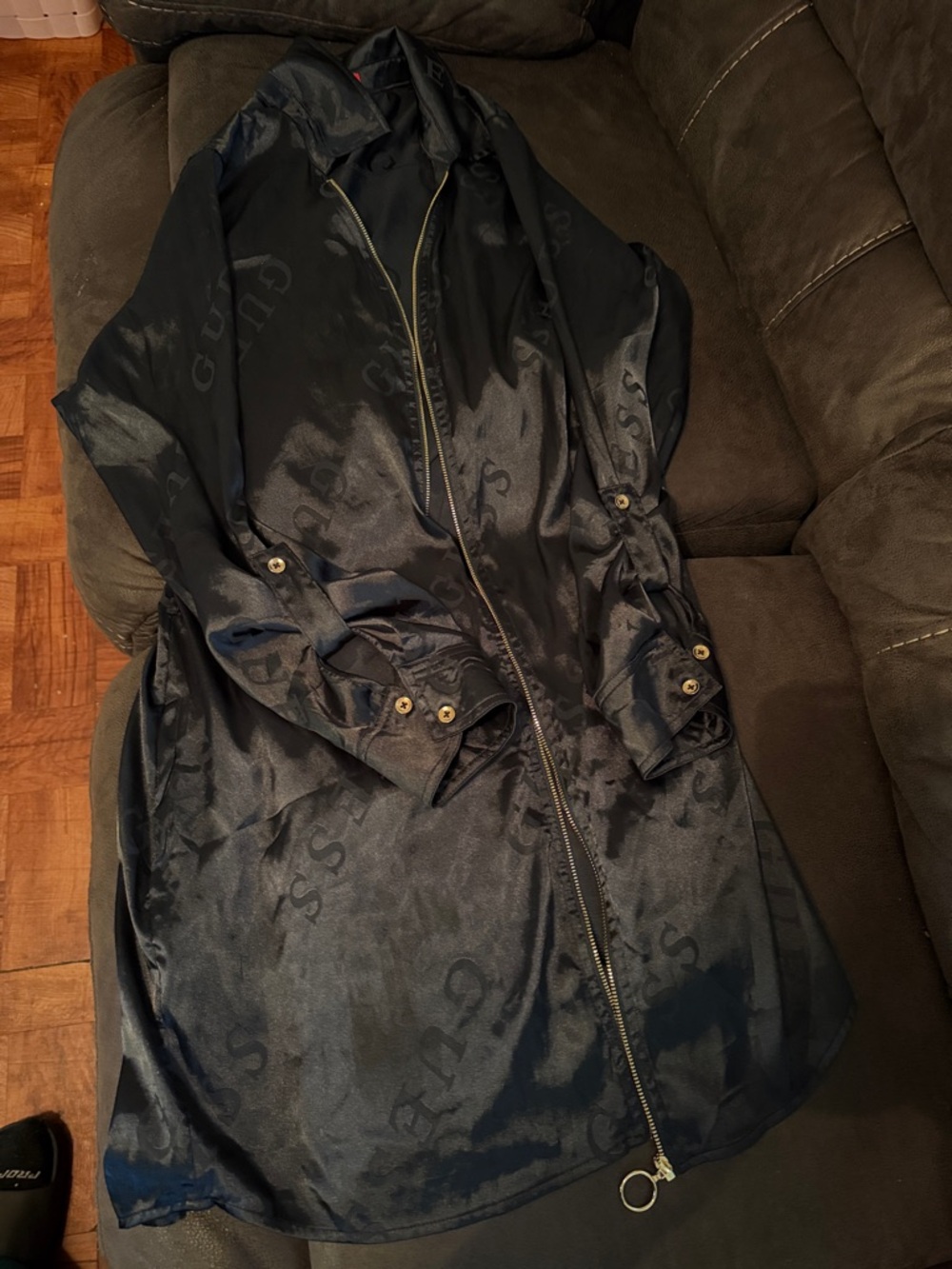 Guess Black Long Trench Coat with Subtle Monogram